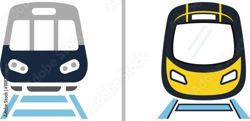 Modern vector illustrations of trains on tracks, featuring a sleek blue and grey commuter train alongside a vibrant yellow and black rapid transit model.