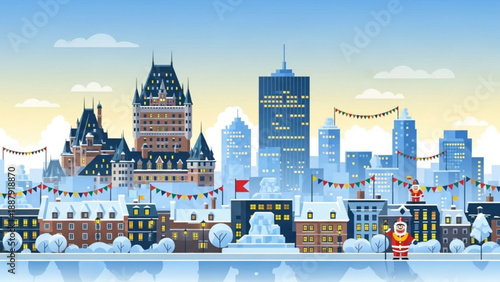 Winter cityscape with snow covered buildings festive lights and cartoon character montreal skyline at dusk