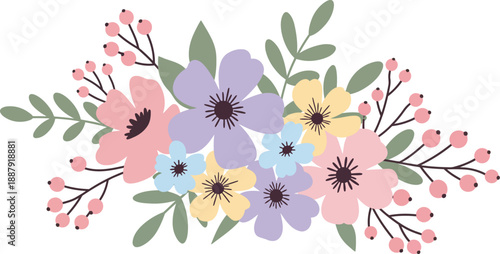 Colorful bouquet of flowers with green leaves on white background