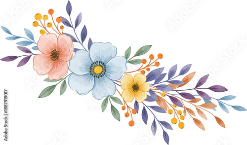 Watercolor floral arrangement with pastel flowers and leaves on white background