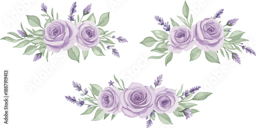 Three arrangements of purple roses and lavender flowers with green leaves