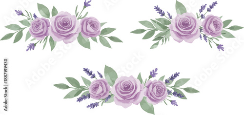 Three purple rose floral arrangements with green leaves and lavender