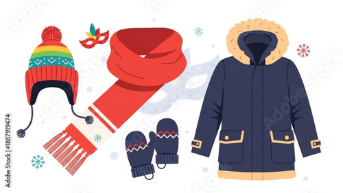 Winter clothing set with coat hat scarf mittens and earmuffs on white background with snowflakes