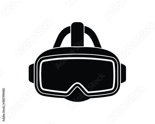Black silhouette icon of a virtual reality VR headset on white Keywords: virtual reality, VR, headset, goggles