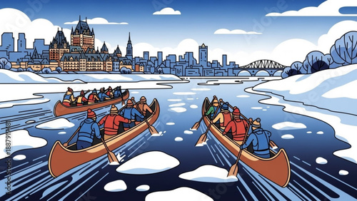 People canoeing on icy river with city skyline in background during winter