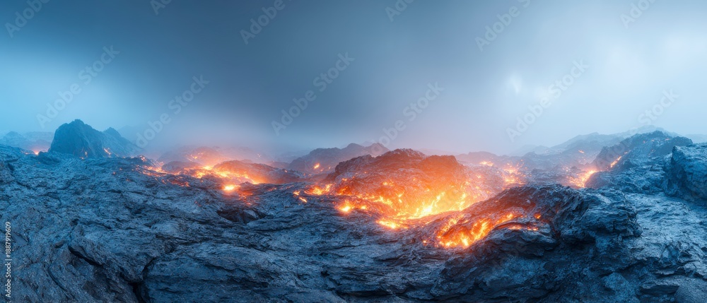 Fototapeta premium Spectacular Panorama of Fiery Lava Flow Erupting From Volcano Under Moody Sky with Dramatic Atmosphere