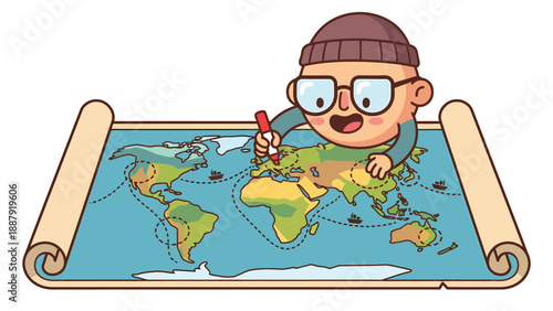World Explorer Cartoon: Man Marking Map with Marker