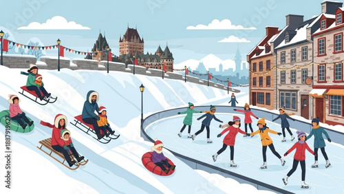 People ice skating and sledding in a snowy city square with historic buildings and festive lights