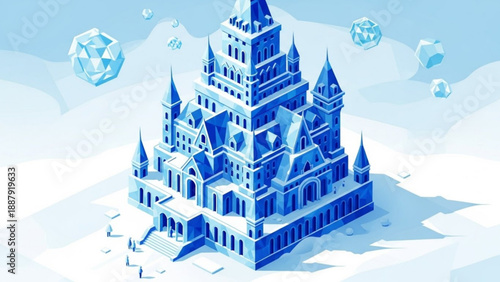 Majestic blue ice castle in snowy landscape with icicles and frosty atmosphere fantasy winter wonderland scene