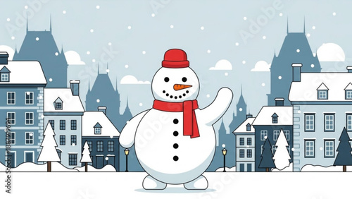 Smiling snowman waving in winter wonderland cityscape with snowy buildings and trees