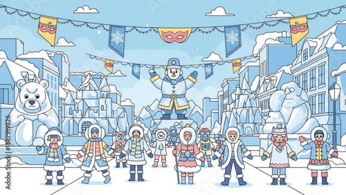 People in winter clothing celebrate in a snowy city with polar bear and giant mascot