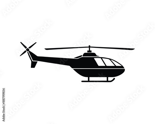 Black silhouette of a sleek helicopter with segmented windows and tail rotor Keywords: helicopter, silhouette