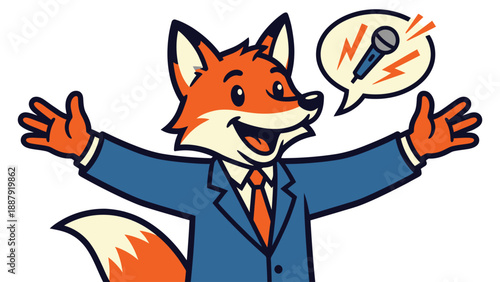 Fox Cartoon Spokesperson with Microphone Speech Bubble Illustration