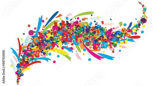 Vibrant colorful confetti explosion on white background festive celebration decoration with bright multicolored shapes and lines scattered dynamically