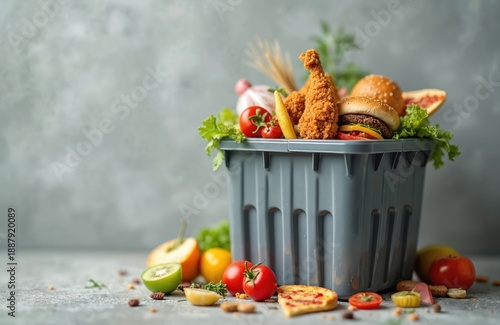 Gray trash bin overflows with food waste like burgers, fried chicken, pizza, and fruit. Scraps spill onto table, highlighting consumption issues and spoilage. Eco concept. © Pete