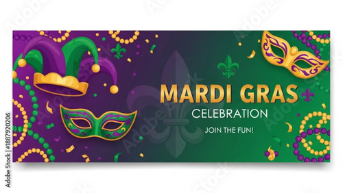 Vibrant mardi gras celebration banner with masks and beads in purple green and gold