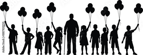 Children with balloons silhouette group, happy childhood celebration, diversity of kids and elderly, joy, innocence, family generations, festival lifestyle concept