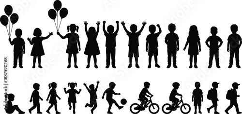 Children silhouettes set showing kids playing standing walking jumping cycling holding balloons joyful childhood activities isolated black figures white background
