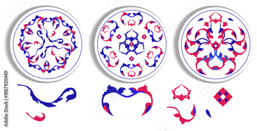 Ottoman Iznik Style Decorative Plates Set with Floral Islamic Ornament and some elements used in design