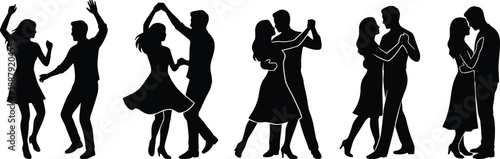 Dancing couple silhouettes set showing romantic partners ballroom dance love connection movement elegance isolated black figures white backgroundt
