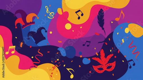 Vibrant mardi gras carnival background with colorful masks music notes and confetti elements