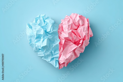 Crumpled Paper Heart Design in Soft Blue and Pink Colors on a Light Background