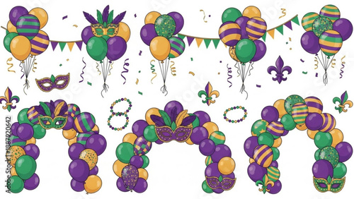 Mardi gras decorations with colorful balloons and streamers on white background for festive party