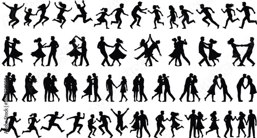 Dynamic silhouettes of people dancing running and celebrating together, energetic human movement collection isolated on white background illustration for stock