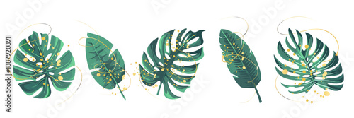 Tropical Botanical Leaves with Golden Highlights on White Background. Clean and modern tropical leaf illustrations enhanced with golden highlights for premium decorative and commercial use.