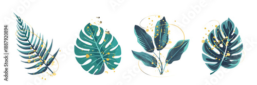 Exotic Tropical Plant Leaves Illustration Set with Gold Decorative Accents. Premium tropical plant illustration set featuring lush green leaves and refined gold accents for modern creative projects.