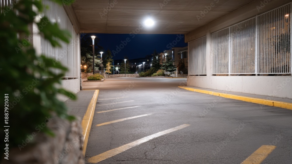 Obraz premium Wide Angle View of Parking Lot Corner with Hidden Lens at Night