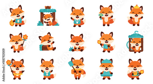 Set of Cute Cartoon Fox Character Poses
