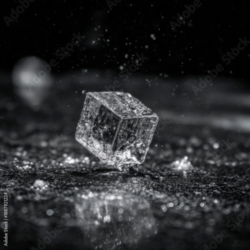 Dynamic Splash of Ice Cube in Black and White with Water Droplets on Reflective Surface