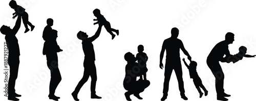 Father and child silhouette poses, playful parenting activities, family bonding moments, love, care, protection, happiness, childhood, lifestyle concept, isolated
