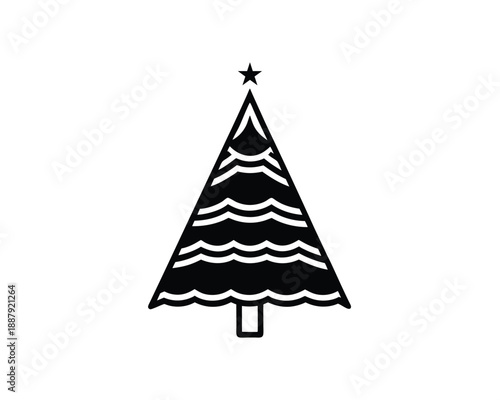 Stylized Black Christmas Tree Icon with Star on White Background symbol holiday