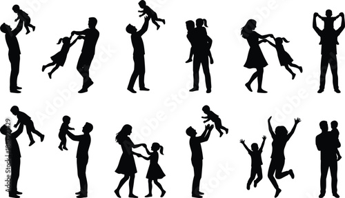 Happy family silhouettes playing with children isolated on white background, joyful parenting moments, father mother bonding concept illustration for stock