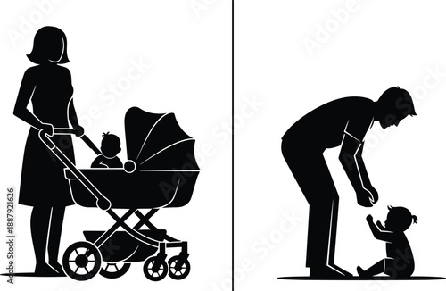 Parenting family silhouette illustration, mother pushing baby stroller, father helping toddler walk, childcare, parental love, childhood development, lifestyle concept