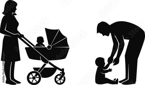Parents with baby silhouette scene, mother pushing stroller, father helping toddler, family care, parenting love, childhood, lifestyle concept, isolated