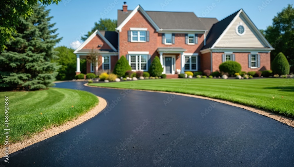 Fototapeta premium Wide brick house with manicured lawn and newly paved asphalt driveway. Rich green trees surround property. Clear blue sky above suburban residence.