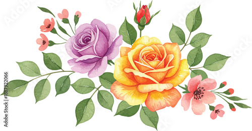 Beautiful bouquet of colorful roses and flowers with green leaves