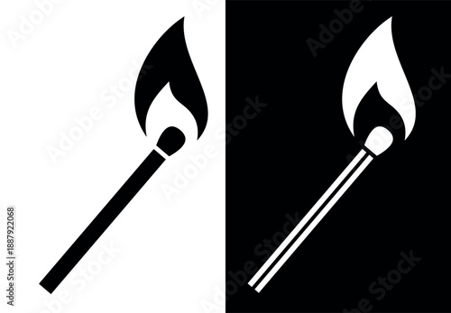 A burning match icon. Symbol of fire, conflagration, or bonfire. A symbol of a tourist, hunter, or soldier. A fire-starting element.