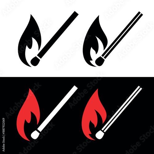 A burning match icon. Symbol of fire, conflagration, or bonfire. A symbol of a tourist, hunter, or soldier. A fire-starting element.