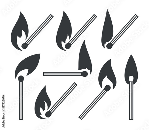 A burning match icon. Symbol of fire, conflagration, or bonfire. A symbol of a tourist, hunter, or soldier. A fire-starting element.