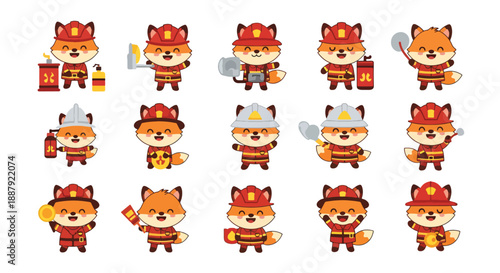 Cartoon Fox Firefighter Icon Set
