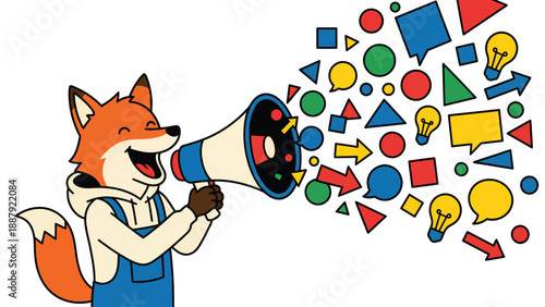 Fox Character with Megaphone Spreading Colorful Shapes and Ideas