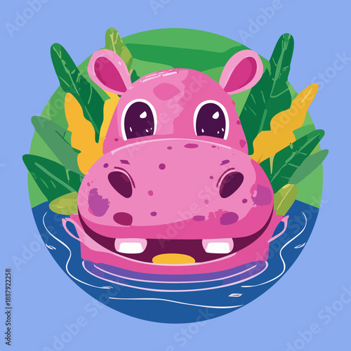 Happy pink hippo animal standing in a jungle lake with green tropical leaves around