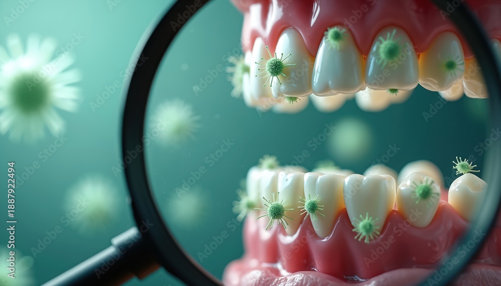 Fototapeta premium Microscopic view of teeth surface shows green bacteria clusters. Magnifying glass reveals germs on dental enamel. Oral hygiene is key to prevent mouth illness and decay.