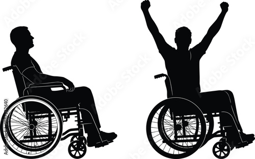 Wheelchair athlete silhouette celebrating victory and resilience, disabled man empowerment concept, rehabilitation strength, independence, determination, motivation, sports achievement, inspiration