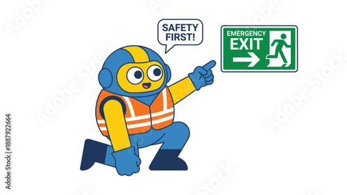 Safety First! Cartoon Character Pointing to Emergency Exit Sign.
