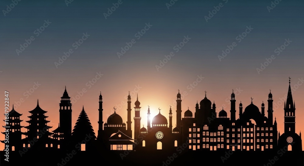 Fototapeta premium Silhouette of a city skyline at sunset, featuring various architectural styles and structures, with a warm, golden hue in the background.